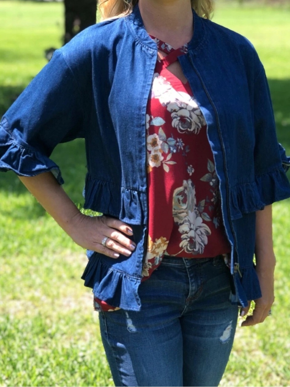 Umgee NWT Blue Ruffled Feminine Denim Jacket Jean Size Medium